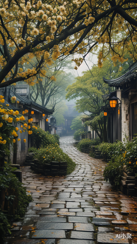 古镇街景：烟雨朦胧，树枝摇曳，绿意盎然