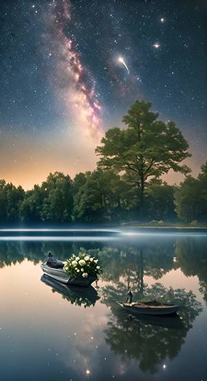 In the night sky, the stars shine on the silky lake, and the light blue roses float on the water. Aurora, fairy light, stars, twinkling stars, a meteor across the sky, wide lake, starry sky,Michael James Smith's matte painting, CG rendering, volumetric light, space art, bioluminescence, illusory engine 5, super wide angle, high definition, HD,