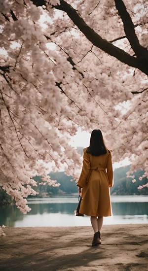 一位中国少女走在樱花湖边，湖水荡漾，樱花轻轻飘动