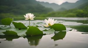 雨后的天气，（一朵白莲开在湖中央，两片莲叶随风飘扬）露珠，背景高斯模糊的层叠小山，高清，真实摄影