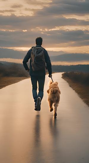 一个男人背影，身边跟着一条金毛犬，在傍晚的改变跑步