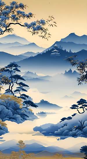 国画山水｜洒金楼阁 靛蓝映山关键词思路：klein blue, Chinese embroidery craft of gold blue mountains, Pavilions and trees, gild, Liquid gold flowing, Minimal color field, Freehand brushwork, blank-leaving, Organic form, Simple blue background#视觉艺术 #视觉 #AI插画 #东方美学 #国画山水 #艺术 #东方美学 #灵感创作 #艺术欣赏 #插画分享