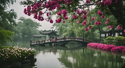 江南风景，下雨，一座桥，周围有花，湖中有一搜船在飘。天空中稀稀拉拉的下雨