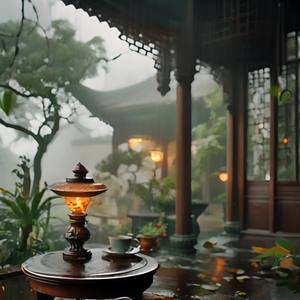 下着大雨，雨丝细密。有一两片树叶飘落地面，灯光闪烁，茶杯冒着热气