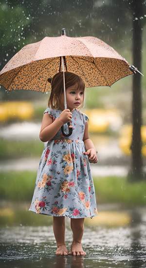 下雨天，雨点淅淅沥沥地下落，一个穿着碎花连衣裙的小女孩站在雨中，这个小女孩帮小猫咪撑伞遮雨。