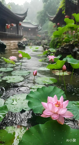 幽静细雨荷塘圆明园