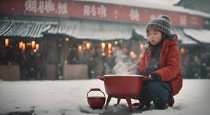 一个卖火锅的小女孩趴坐在大雪纷飞的花椒中不能起来