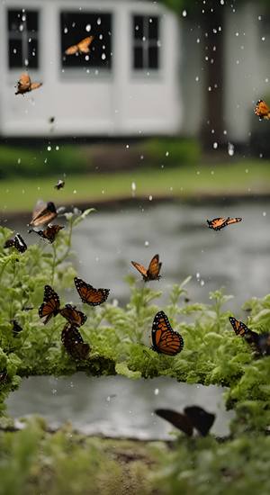 一个院子下着大雨有蝴蝶有狗狗还有鸟叫声