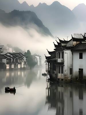 天空在下雨，云雾在天空飘动，雨水落在河面上