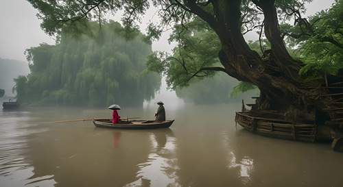 江南烟雨蒙蒙，小桥老树盘根，凭窗姑娘望外，一叶小舟划过