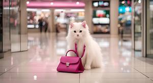 modern organic,Front view,Full Length Shot(FLS),Cold light,A white kitten, anthropomorphized, dressed in a pink sweater and white boots, with a bag slung over its arm, shopping for clothes in a mall. --q0.5--s 250--vn6.0--ar 3:4