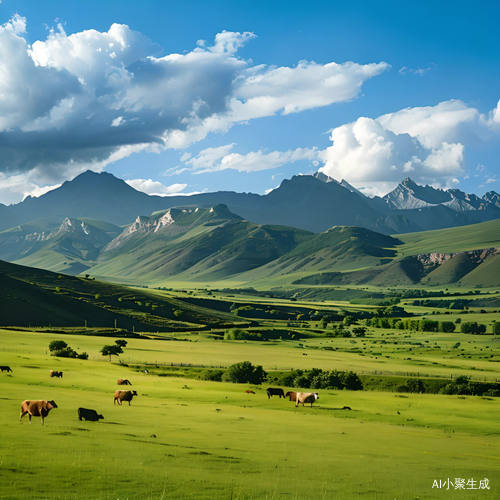 宁静乡村的绿田与悠闲牛羊的美丽景色