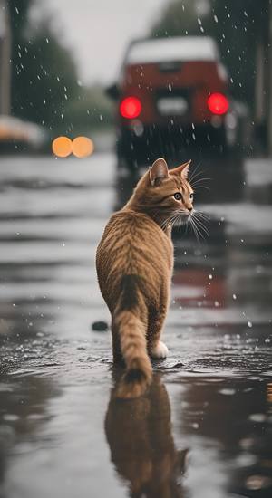 一只母猫抱着小猫咪+在雨中流浪+旁边是川流不息的车辆