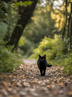 一只霸气十足的黑猫，从森林深处缓缓走来，黑猫正面拍摄，镜头由远及近的拍摄