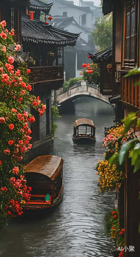 远处船只在雨中逐渐靠近树在风中摇曳