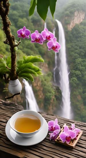 桌上放着一杯茶和两杯饮品,旁边是盛开的兰花。背景是一片绿色森林,还有一张高清拍摄的瀑布照片,描绘了一个真实的风景画面。这个美丽的场景设在中国庐山的山脉中。图片分辨率和质量都很高,瀑布周围有雾,上面有云朵飘动。这张照片捕捉到了从精致茶杯中冒出的中国红茶或白茶的热腾腾蒸汽上升的瞬间,风格类似迈克尔·沙因布鲁姆。