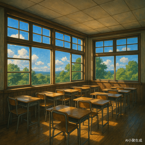 一间三面都有窗户的大教室，窗外是蓝天白云和树木，教室里靠近窗户边有课桌，很强的景深感，吉卜力和写实风格融合体现，高清大图