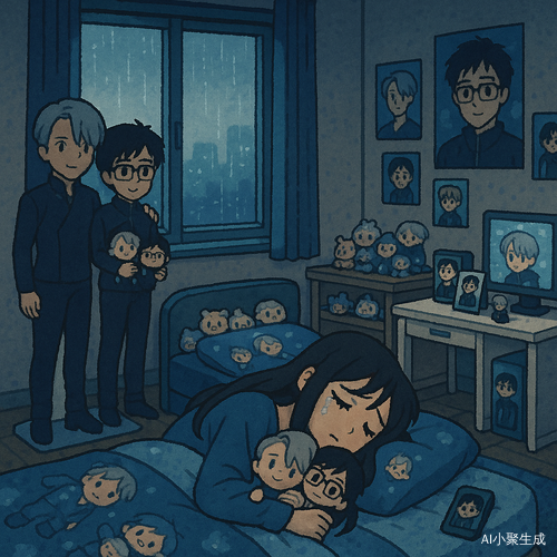 像素风格插画室内场景日式动漫冷淡氛围的床边女孩子