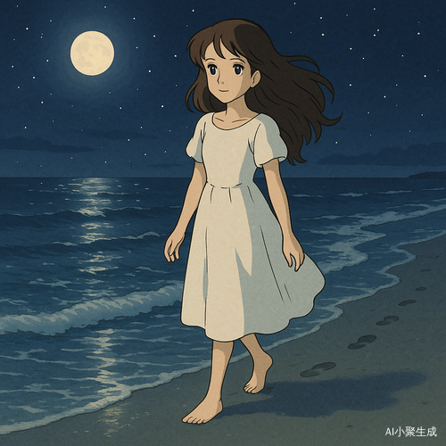 夜色温柔而静谧，一位美丽的女孩缓缓行走在海滩上，留下浅浅的足印，被微风与潮水轻轻拂过。她有着一头柔顺的棕色长卷发，在海风中微微飘动，深邃的黑眼珠倒映着夜空的星光，闪烁着温柔与神秘的光辉。她身着洁白的连衣裙，在月光的映衬下显得纯净而梦幻。海浪轻柔地拍打着岸边，夜晚的海滩静谧而浪漫，每一步的足印都像是在诉说着无声的故事，留下一抹淡雅而诗意的痕迹。