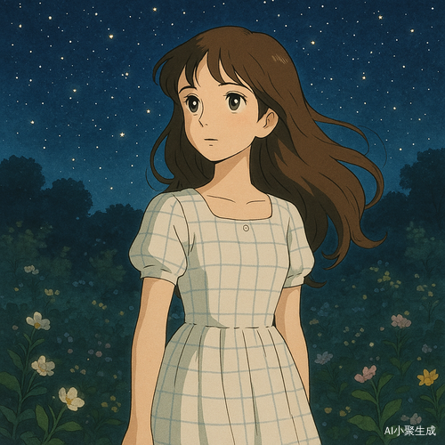 夜晚静谧而温柔，一位美丽的女孩静静地站在花园中，沐浴在漫天星光下。她有着柔顺的棕色长卷发，微微随风摆动，深邃的黑眼珠倒映着璀璨的星空，闪烁着神秘而温暖的光辉。她身着白色格纹连衣裙，在夜色的映衬下显得清新而雅致，仿佛融入了这片宁静的花园之中。四周的花朵在微风中轻轻摇曳，淡淡的花香弥漫在空气里，夜色与星光交织，勾勒出一幅梦幻而诗意的画面。