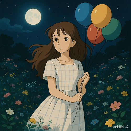夜晚的花园静谧而温柔，一位美丽的女孩轻轻站在繁花间，手中握着几只色彩斑斓的气球。她拥有柔顺的棕色长卷发，随微风轻轻飘动，深邃的黑眼珠映照着夜色，闪烁着温暖而宁静的光辉。她身着白色格纹连衣裙，在月光的映衬下显得清新而优雅，仿佛融入了这片梦幻的花园。气球在她指间轻轻摇曳，像是承载着未诉的心愿，随着微风飘向无垠的夜空，而花朵在周围轻轻摇曳，弥漫着淡淡的芬芳，为这一幕添上一层诗意的浪漫。