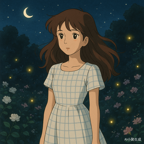 夜色温柔而静谧，一位美丽的女孩轻轻伫立在花园中，周围弥漫着淡淡的花香。她有着柔顺的棕色长卷发，微微随风摆动，深邃的黑眼珠倒映着夜空中的点点星光，闪烁着温暖而神秘的光辉。她身着白色格纹连衣裙，在月光的映衬下显得清新而优雅，仿佛与这片宁静的花园融为一体。夜色下，荧火虫缓缓飞舞，散发着微弱却温暖的光芒，在花丛间穿梭，宛若夜晚的精灵，点缀着这静谧的画面，让整个场景更添诗意与梦幻。