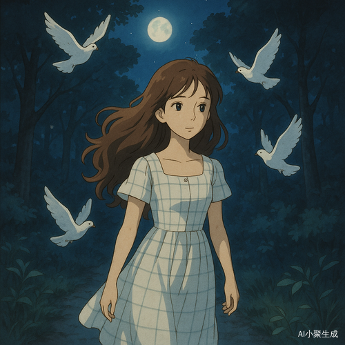 夜色静谧而温柔，一位美丽的女孩缓步行走在林间小径上，月光透过树梢洒落在她的身影上，映出柔和的光辉。她拥有一头柔顺的棕色长卷发，微微随风飘动，深邃的黑眼珠倒映着夜色，闪烁着宁静而神秘的光芒。她身着白色格纹连衣裙，在微光的映衬下显得清新而雅致，仿佛与这静谧的森林融为一体。几只洁白的鸽子在她身旁轻盈地飞舞，划破夜空的沉静，带来一丝柔和的生机。树叶轻轻摇曳，林间弥漫着淡淡的草木芬芳，夜晚的幽静与生灵的灵动交织，勾勒出一幅诗意而宁和的画面。