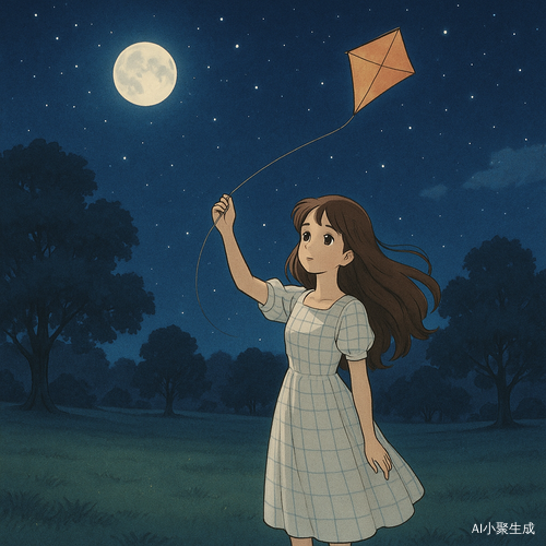 夜晚的公园宁静而开阔，一位美丽的女孩轻轻伫立在草地上，微风拂过，她轻盈地托起手中的风筝，让它缓缓升向夜空。她拥有柔顺的棕色长卷发，随着晚风微微飘动，深邃的黑眼珠映照着星光，闪烁着温暖而宁静的光辉。她身着白色格纹连衣裙，在月光的映衬下显得清新而优雅，仿佛与这片夜色交融。风筝在空中摇曳，仿佛承载着未诉的心愿，随着微风舞动，渐渐消失在广阔无垠的夜空之中。四周的树影轻轻摇曳，公园的夜晚静谧而梦幻，为这幅温柔的画面添上一层诗意的色彩。
