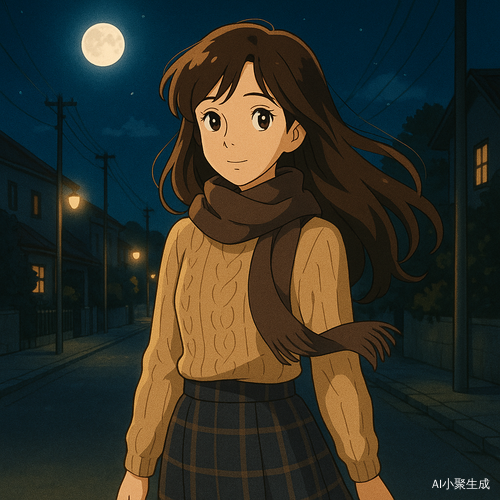 夜色深邃而静谧，一位美丽的女孩漫步在街道上，月光洒落在她的身影上，映出温柔的光辉。她拥有柔顺的棕色长卷发，微微随风摆动，深邃的黑眼珠映照着夜晚的宁静，闪烁着温暖而神秘的光彩。她身着温暖的针织上装，搭配优雅的格纹半裙，围巾轻轻围绕颈间，在夜风中微微飘动，增添几分柔和与温暖。街道安静而悠然，远处的灯光映照出温馨的氛围，月光与街灯交织，勾勒出一幅诗意而充满静谧美感的画面。