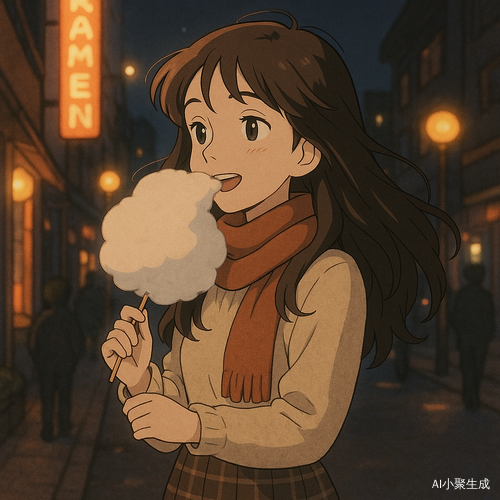 夜晚的街道静谧而温暖，霓虹灯柔和地洒下光辉，映照着一位美丽的女孩。她轻轻咬下一口棉花糖，甜美的微笑浮现于唇边。棕色的长卷发在微风中微微摆动，深邃的黑眼珠倒映着城市的灯火，闪烁着温柔而宁静的光芒。她身着柔软的针织上装，搭配优雅的格纹半裙，围巾轻轻围绕颈间，增添几分冬夜的暖意。街道上人影交错，空气中弥漫着淡淡的甜香，夜晚的温馨与静谧交织，勾勒出一幅浪漫而充满生活气息的画面。