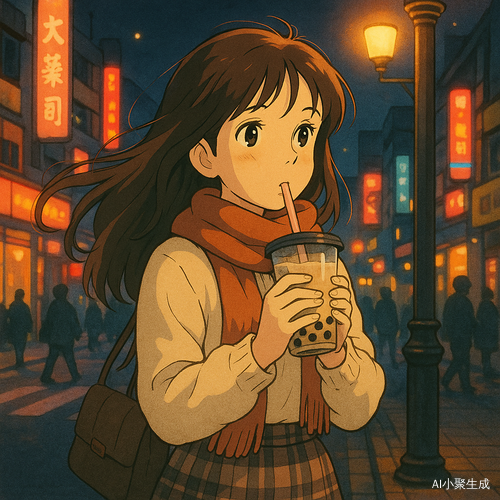 夜晚的街道弥漫着温暖的霓虹灯光，一位美丽的女孩静静伫立在路灯下，轻轻地吸了一口手中的珍珠奶茶。她拥有柔顺的棕色长卷发，微微随夜风摆动，深邃的黑眼珠映照着城市的微光，闪烁着温暖而宁静的光辉。她身着柔软的针织上装，搭配优雅的格纹半裙，围巾轻轻环绕颈间，为夜晚的微寒增添了一抹柔和的暖意。街道上的人影交错，空气中弥漫着淡淡的甜香，珍珠奶茶的滑润与温暖，让这静谧的夜晚更添温馨与诗意，勾勒出一幅温柔而惬意的都市夜景。