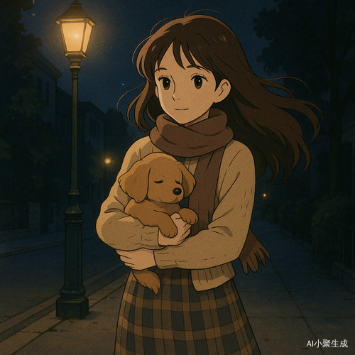 夜晚的街道静谧而温柔，微光洒落在宁静的城市角落，一位美丽的女孩轻轻抱着怀中的小狗，缓步行走在路灯下。她拥有柔顺的棕色长卷发，微微随夜风飘动，深邃的黑眼珠映照着街灯的柔和光影，闪烁着温暖而宁静的光辉。她身着温暖的针织上装，搭配优雅的格纹半裙，围巾轻轻环绕颈间，为夜晚的微寒增添了一抹柔和的暖意。怀中的小狗安静地依偎在她的怀抱里，毛茸茸的身躯带着微微的暖意，街道的静谧与生灵的温存交织，勾勒出一幅温馨而诗意的夜晚画面。