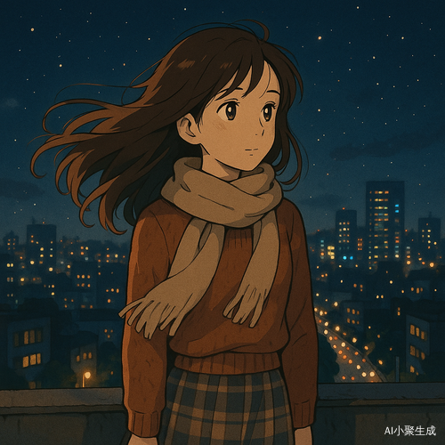 夜晚的微风轻轻拂过，一位美丽的女孩静静地伫立在天台上，远眺着城市灯火点缀的夜空。她拥有柔顺的棕色长卷发，微微随风飘动，深邃的黑眼珠倒映着星光与霓虹，闪烁着温暖而神秘的光辉。她身着温暖的针织上装，搭配优雅的格纹半裙，围巾轻柔地环绕颈间，增添一丝冬夜的暖意。天台的微光映照在她的身影上，远处的街道车流缓缓流动，城市的夜色沉静而梦幻，让这一刻充满诗意与宁静。
