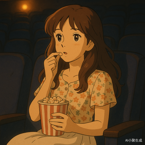 夜晚的电影院灯光柔和而温暖，一位美丽的女孩静静坐在座位上，享受着电影的氛围。她有着柔顺的棕色长卷发，微微垂落在肩头，深邃的黑眼珠映照着银幕闪烁的光影，透露出温暖而沉浸的光辉。她身穿碎花上装，搭配轻盈的白色半裙，在昏暗的影院灯光下展现出柔和而优雅的气质。她轻轻拿起一颗爆米花放入口中，甜香的气息弥漫在空气里，周围的低语声逐渐归于安静，银幕上的故事缓缓展开，映照在她的眼眸中，为夜晚增添了一抹梦幻与温馨的氛围。