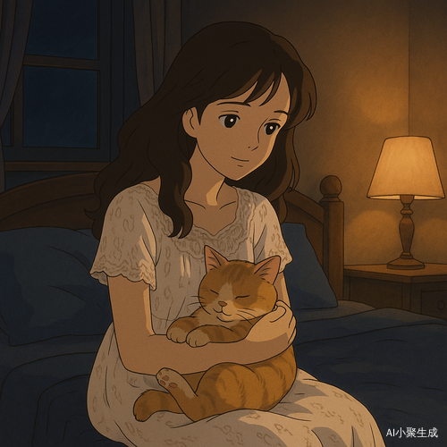 夜晚的卧室沉浸在柔和的灯光与宁静的氛围中，一位美丽的女孩静静地坐在床边，怀抱着一只毛茸茸的猫咪。她拥有柔顺的棕色长卷发，微微垂落在肩头，深邃的黑眼珠映照着微光，闪烁着温暖而宁静的光辉。她身穿白色蕾丝连衣裙，细腻的花纹在柔和的光线下展现出优雅而梦幻的气息。怀中的猫咪安静地蜷缩在她的怀里，轻轻闭着眼睛，偶尔发出低低的呼噜声，为这静谧的夜晚增添一抹温馨。窗外的夜色深邃而静谧，而室内则沉浸在温暖的宁静之中，空气中弥漫着淡淡的暖意，使这一刻充满柔和与诗意。