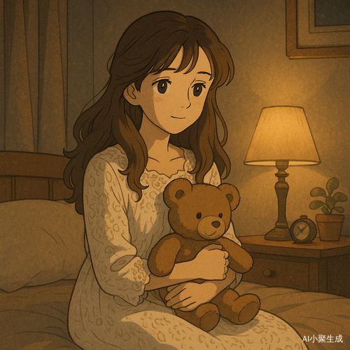 夜晚的卧室静谧而温馨，柔和的灯光洒落在温暖的空间里，一位美丽的女孩静静地坐在床边，怀抱着一只可爱的泰迪熊。她拥有柔顺的棕色长卷发，微微垂落在肩头，深邃的黑眼珠映照着室内柔和的微光，闪烁着温暖而宁静的光辉。她身穿白色蕾丝连衣裙，精致的蕾丝纹理在灯光下展现出优雅而梦幻的气息。怀中的泰迪熊被她轻轻拥抱着，柔软的触感带来一种安心的温暖，空气中弥漫着淡淡的温馨气息，夜晚的安静与柔和交织，使整个画面充满童话般的宁静与温柔。