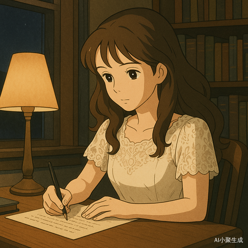 夜晚的书房静谧而温暖，柔和的灯光洒落在书桌上，一位美丽的女孩静静地坐在那里，手握笔尖，在纸上缓缓书写着自己的思绪。她拥有柔顺的棕色长卷发，微微垂落在肩头，深邃的黑眼珠映照着纸页上的文字，闪烁着专注而温柔的光辉。她身穿白色蕾丝连衣裙，精致的蕾丝纹理在灯光的映衬下展现出典雅而梦幻的气息。书房里弥漫着淡淡的纸张与墨香，空气静谧而柔和，窗外的夜色深邃，而室内沉浸在温暖的安静之中，使这一刻充满诗意与沉思。