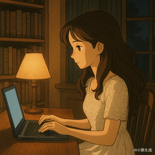 夜晚的书房静谧而温暖，柔和的灯光洒落在书桌上，一位美丽的女孩轻轻坐在椅子上，专注地在笔记型电脑上敲击着键盘，屏幕的微光映照在她的脸庞上，勾勒出温柔的轮廓。她拥有柔顺的棕色长卷发，微微垂落在肩头，深邃的黑眼珠倒映着屏幕的光影，闪烁着沉思而宁静的光辉。她身穿白色蕾丝连衣裙，精致的花纹在柔和的灯光下展现出优雅而梦幻的气息。房间里弥漫着淡淡的书香与温暖的安静，窗外的夜色深邃，而室内沉浸在温柔的氛围之中，仿佛时间也在这一刻缓缓流淌，让这片刻显得诗意而沉静。