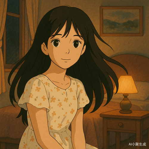 一个美丽的少女,黑色长发柔顺飘逸,黑色瞳孔深邃动人,身穿白色碎花连衣裙,置身于温暖柔和的夜晚卧室,灯光微微昏黄,空气中弥漫着宁静的气息,画面呈现吉卜力动画风格,温馨而富有童话感,细腻的光影和柔和色调营造出梦幻氛围。