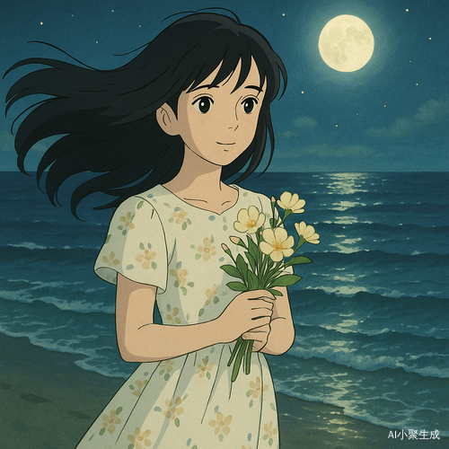 一个美丽的少女，黑色长发随风轻轻飘动，黑色瞳孔深邃而温柔，穿着白色碎花连衣裙，轻轻捧着一束淡雅的花朵，站在夜晚寂静的海边，海浪轻柔拍打着岸边，月光洒落在微波荡漾的海面上，空气中弥漫着海风与花香的清新气息，画面呈现吉卜力动画风格，色调柔和浪漫，细腻光影交织出梦幻与诗意般的氛围，整体温馨而富有故事感。