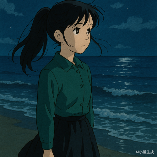 一个美丽的少女,黑色长发束成马尾,额前几缕发丝随夜风轻轻摆动,乌黑眼眸透出温柔与思绪,身着校服,深绿色衬衫映衬出静谧的气质,黑色半裙随风轻微飘扬。她静静站在夜晚的海滩上,海浪温柔地拍打着岸边,深蓝色的海面在月光下泛起微微银辉,夜风夹杂着海盐的清新气息,四周静谧而梦幻,画面呈现吉卜力动画风格,色彩柔和,线条细腻,整体氛围宁静而富有故事感,如同一场温暖而神秘的童话。