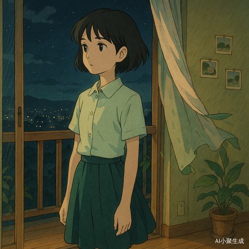 一个美丽的少女,黑色短发干净利落,黑色瞳孔静静望向夜空,眼神中带着思绪。她穿着校服——浅绿色衬衫清新柔和,深绿色半裙微微摆动,静静地站在室内的阳台上,夜晚的微风轻轻拂过窗帘,远方的城市灯光在夜色中微微闪烁,空气中弥漫着夜晚的静谧与温暖。房间内的灯光柔和地洒在木质地板上,墙上挂着几幅旧照片,角落的绿植随风轻轻摇曳,整个画面充满吉卜力动画风格,细腻笔触与柔和色调交织出温暖而富有故事感的氛围。