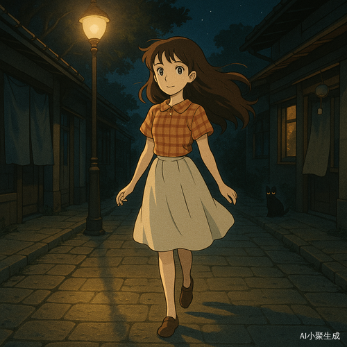 一个美丽的少女,棕色长卷发随夜风轻轻飘扬,黑色瞳孔闪烁着温柔神采,身穿格纹上衣与白色半裙,脚步轻盈地走在夜晚安静的街道上。路灯散发着昏黄柔光,将她的身影拉长投映在石板路上,街道两旁是低矮的店铺与随风轻响的布帘,远处传来风铃轻语与猫的低吟。空气中弥漫着微风拂过树梢的清新气息,画面呈现吉卜力动画风格,色彩温柔细腻,氛围既怀旧又充满故事感,如同童年回忆中一幕温暖又神秘的瞬间。