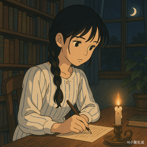 一个美丽的少女，黑色长发编成一条松散的单麻花辫，几缕碎发垂落在耳畔，黑色瞳孔专注而深邃，身穿白色条纹连衣裙，静静地坐在夜晚的书房里写作。桌上的烛光或暖黄灯光柔和地洒在纸张上，笔尖轻轻滑动，空气中弥漫着书香与夜晚的静谧。窗外透进微弱的月光，书架上摆满旧书，角落的绿植随夜风微微摇曳，整个画面呈现吉卜力动画风格，色调柔和细腻，氛围温暖而富有故事感，如同一幕充满灵感与思绪的宁静瞬间。