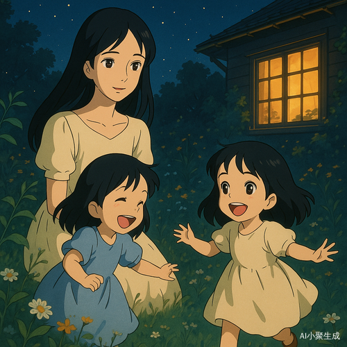一个美丽的女人,黑色长发柔顺自然,黑色瞳孔透出温柔的光芒,身穿优雅的连衣裙,静静陪伴着两个可爱的小女孩。女孩们拥有黑色的秀发与闪亮的黑色眼眸,穿着轻盈的连衣裙,欢笑着在夜晚的后花园中嬉戏。微风轻轻拂过,花草随风轻轻摇曳,暖黄色灯光从屋内透出,点缀着这片宁静而梦幻的庭院。空气中弥漫着淡淡的花香,夜空繁星点点,画面呈现吉卜力动画风格,色彩柔和,光影细腻,氛围温暖而充满故事感,如同童话般的温馨瞬间。
