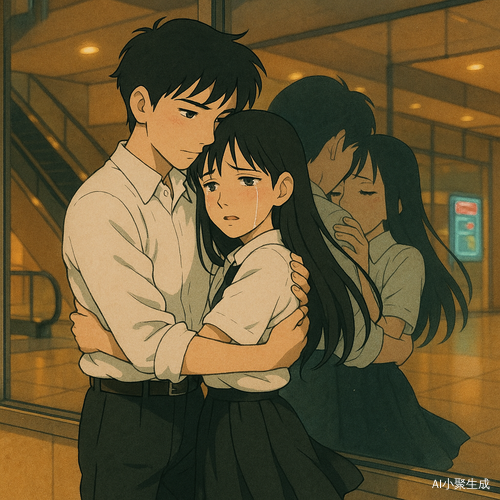 一个英俊的少年与一位美丽的少女紧紧相拥,黑色发丝轻轻垂落,黑色眼眸中闪烁着泪光。男孩身穿洁白的衬衫与黑色长裤,女孩穿着白色衬衫与黑色裙子,衣角随夜晚商场内微弱的气流轻轻摆动。巨大的玻璃窗映照出他们相拥的身影,昏黄的商场灯光洒下柔和光影,空气中弥漫着夜晚的静谧与复杂的情绪。远方电梯缓缓运行,霓虹灯牌在寂静中微微闪烁,场景呈现吉卜力动画风格,色彩温和细腻,光影交错出青春与故事感,如同一幕感人至深的电影画面。