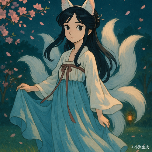 一个美丽的少女,黑色长发梳成精致侧髻,发簪点缀在柔顺的发丝间,白色狐耳发箍轻盈地伏在发顶,黑色瞳孔深邃而神秘,透出一丝灵动气息。她身穿唐代汉服齐胸襦裙,米白上襦轻柔飘动,碎冰蓝色下裙随夜风微微摆动,九条白色狐尾在身后轻盈展开,宛如缥缈的梦境。夜晚的草坪微风拂过,桃花盛放,粉色花瓣随风落下,空气中弥漫着淡淡花香与夜晚的静谧。远方的灯笼散发柔和光晕,月光洒落在少女的衣袖与狐尾上,整个画面呈现吉卜力动画风格,色彩细腻梦幻,氛围温暖而富有故事感,如同一场神秘的古典奇缘。