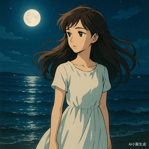 一个美丽的少女，棕色长卷发轻柔飘动，几缕发丝随海风轻轻摇曳，黑色瞳孔深邃而温柔，透出沉思的神采。她穿着白色连衣裙，衣摆随微风轻盈摆动，静静站在夜晚的海边。皎洁的月亮高悬在深蓝色夜空，银白光辉洒落在微波荡漾的海面上，海浪轻轻拍打着岸边，空气中弥漫着淡淡的海风与夜的静谧。远处的渔火点缀着幽远的光影，整个画面呈现吉卜力动画风格，色彩细腻柔和，氛围温暖而充满故事感，如同一幅宁静的梦幻画面。