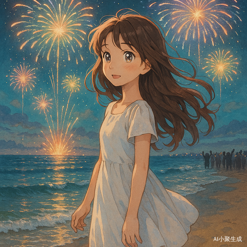 一个美丽的少女,棕色长卷发随夜晚的微风轻轻飘动,黑色瞳孔映照着璀璨的烟花,透出温柔与惊喜。她穿着轻盈的白色连衣裙,衣摆微微飘扬,站在宁静的海边,脚下是温润的沙滩,潮水轻轻拍打着岸边。天空被五彩斑斓的烟花点亮,光影在海面上缓缓倒映,空气中弥漫着淡淡的海风与夜晚的欢腾气息。远方的人群欢呼雀跃,而她静静地站着,眼中闪烁着星辰般的光芒。画面呈现吉卜力动画风格,色彩细腻柔和,光影交错出梦幻与温暖的氛围,如同一幅充满回忆与诗意的画卷。
