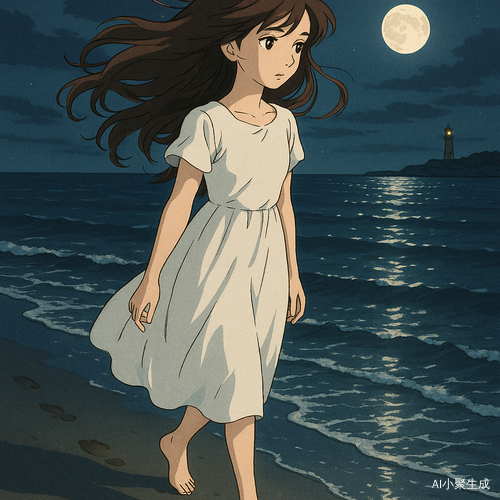 一个美丽的少女,棕色长卷发随着海风轻轻飘扬,几缕发丝温柔地拂过脸颊,黑色瞳孔深邃而宁静,透出沉思的神采。她身穿轻盈的白色连衣裙,衣摆随微风轻轻摇曳,赤脚缓缓走在夜晚静谧的海滩上。潮水轻柔拍打着岸边,沙滩上留下一串清晰的足印,月光洒落在波光粼粼的海面,银辉温柔地映照着她的身影。空气中弥漫着淡淡的海风与夜晚的静谧,远方的灯塔微微闪烁,整个画面呈现吉卜力动画风格,色彩细腻柔和,光影交织出温暖而充满故事感的氛围,如同一场关于回忆与宁静的梦幻画面。